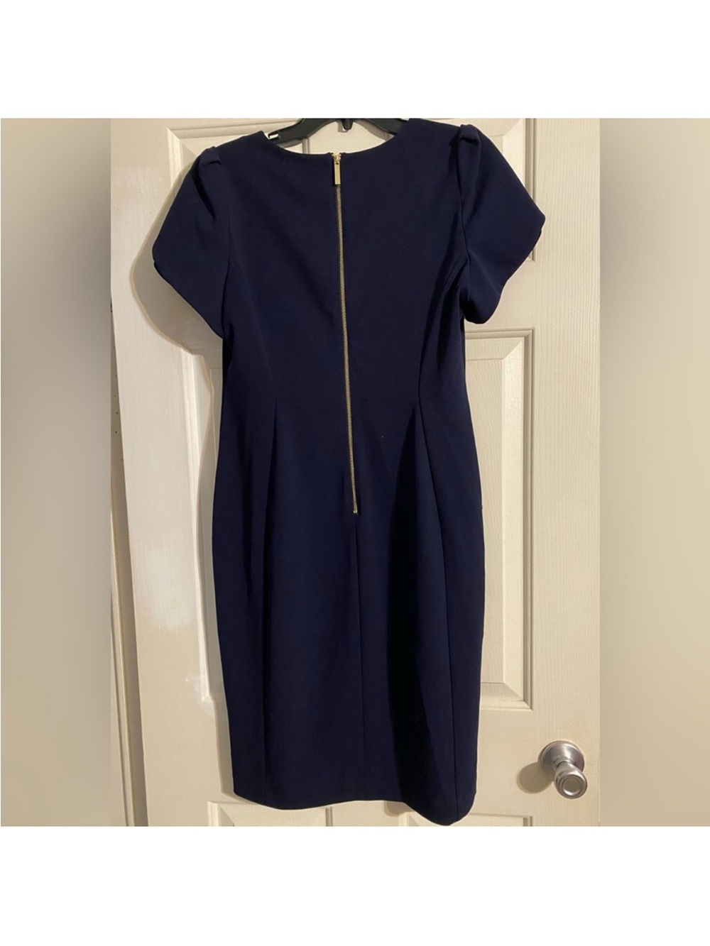 Calvin Klein Navy Puff-Sleeve Midi Sheath Dress - Picture 2 of 5